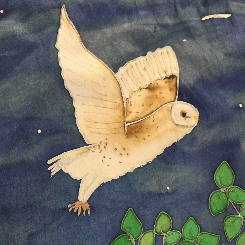 Hand painted silk scarf one of a kind Barn‎ Owl Nature Signed 65X15 Handmade